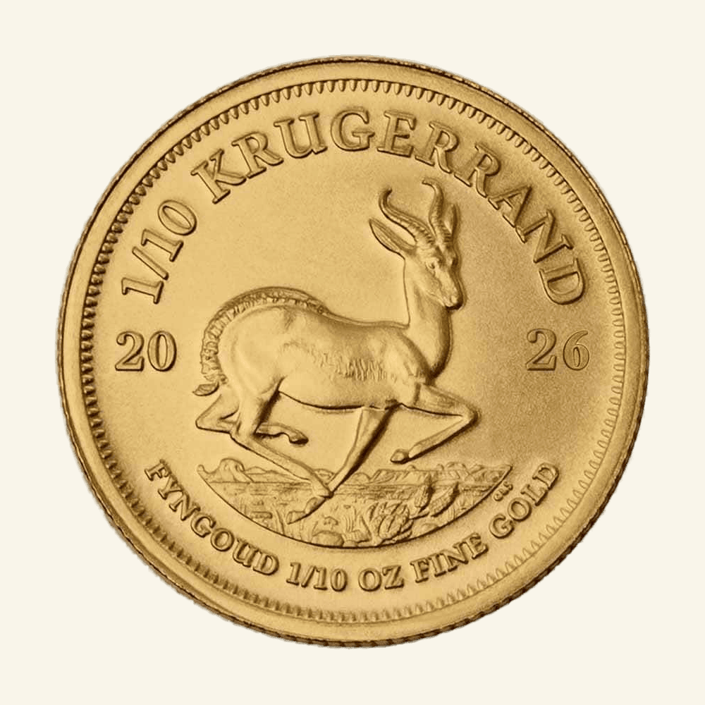 Gold Krugerrand coin 2026 with springbok design, 1/10 oz fine gold, BU quality.