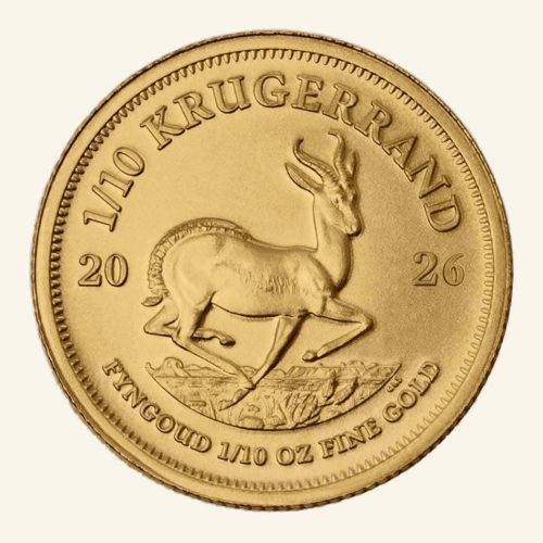 Gold Krugerrand coin 2026 with springbok design, 1/10 oz fine gold, BU quality.