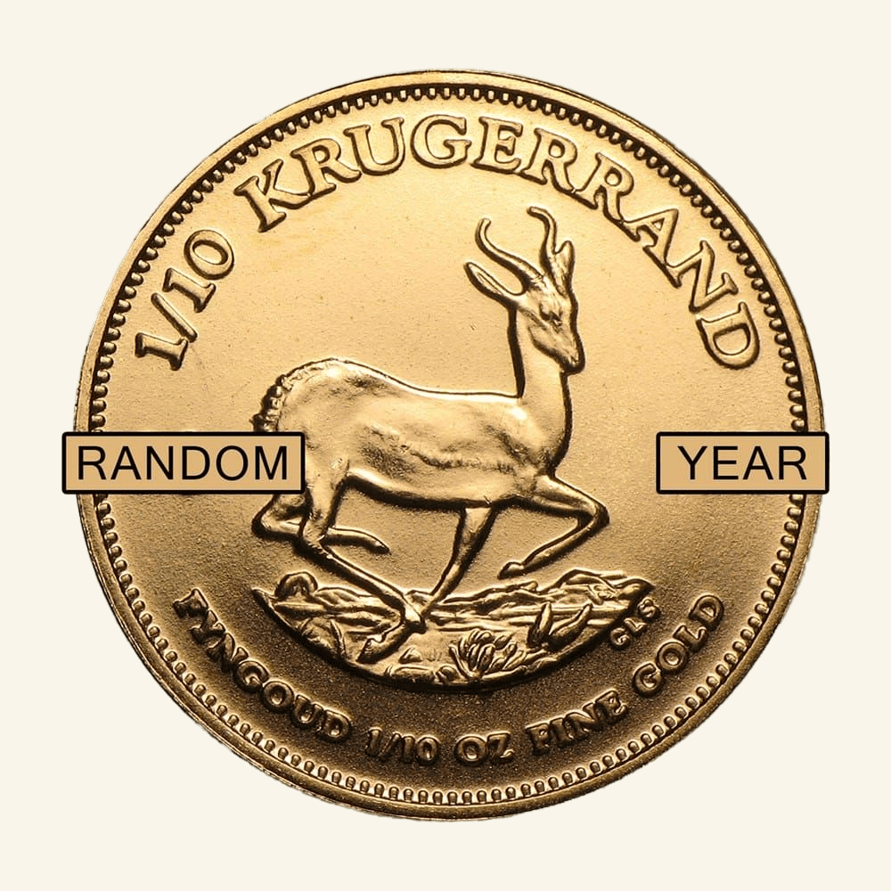 Gold Krugerrand coin with springbok design, 1/10 oz, BU condition.