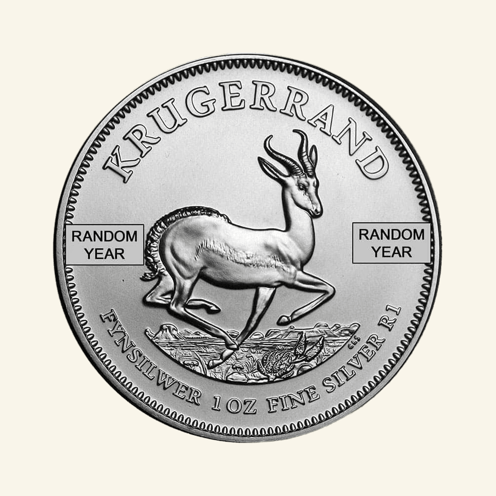 South African 1 oz Silver Krugerrand coin with springbok design, BU condition, featuring the year of.