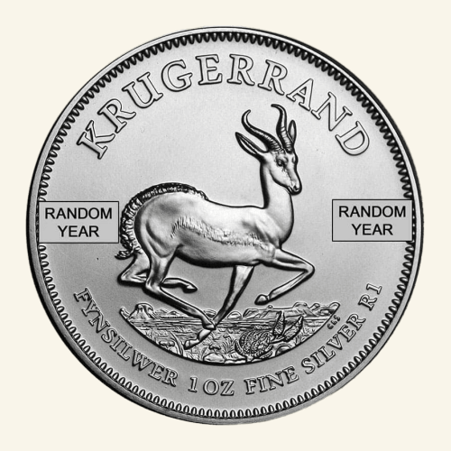 South African 1 oz Silver Krugerrand coin with springbok design, BU condition, featuring the year of.