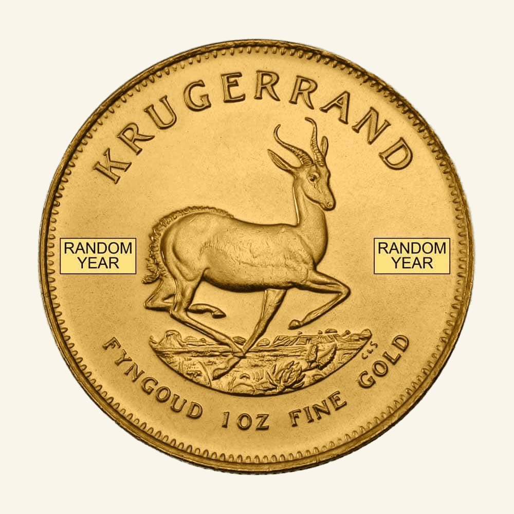 Gold Krugerrand coin with springbok design, 1 oz fine gold, random year.