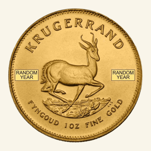 Gold Krugerrand coin with springbok design, 1 oz fine gold, random year.