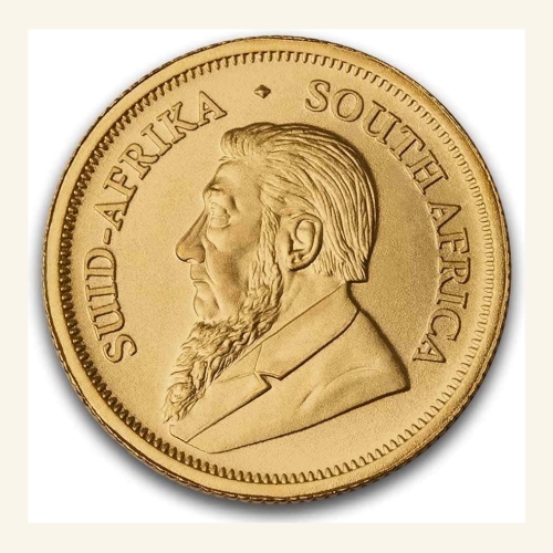 Gold South African Krugerrand coin with portrait of Paul Kruger, BU 2026.