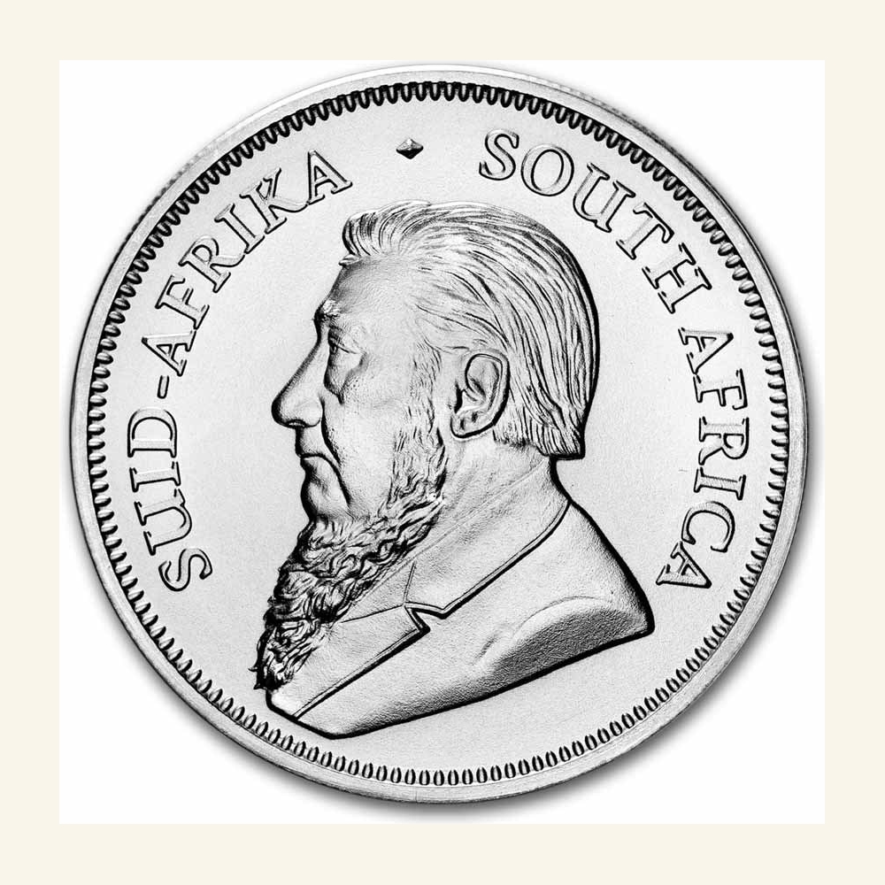 Silver Krugerrand coin featuring Paul Kruger portrait, South Africa 2026 BU edition.