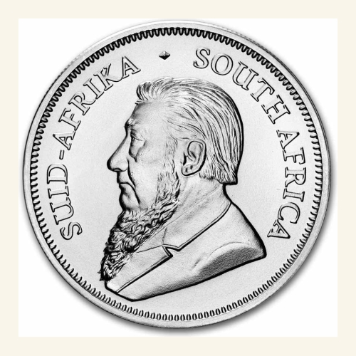 Silver Krugerrand coin featuring Paul Kruger portrait, South Africa 2026 BU edition.