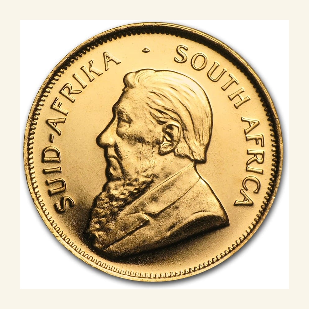South African 1/10 oz Gold Krugerrand coin with detailed portrait of Paul Kruger. Perfect for collec.