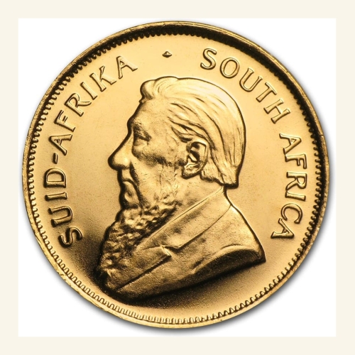South African 1/10 oz Gold Krugerrand coin with detailed portrait of Paul Kruger. Perfect for collec.