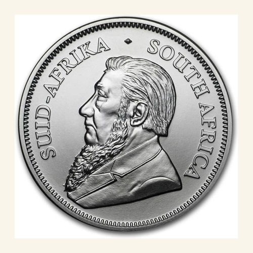 Close-up of South African 1 oz Silver Krugerrand coin with detailed portrait.
