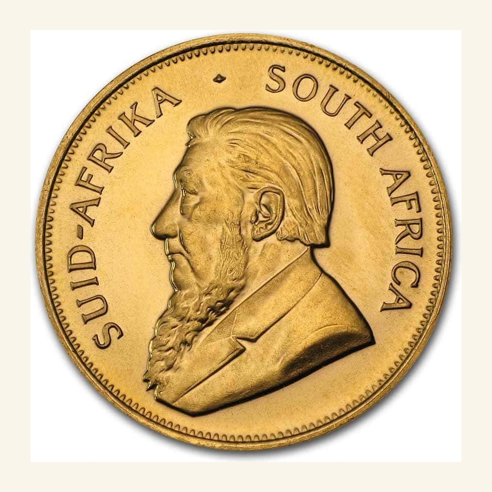 South African 1 oz Gold Krugerrand coin BU with detailed portrait of Paul Kruger. Perfect for collec.