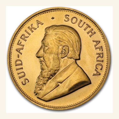 South African 1 oz Gold Krugerrand coin BU with detailed portrait of Paul Kruger. Perfect for collec.